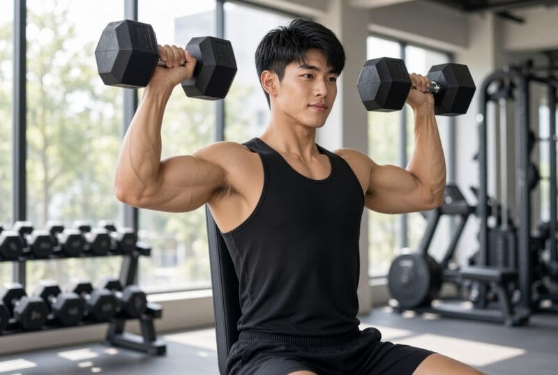 青年男性在健身房做啞鈴肩推