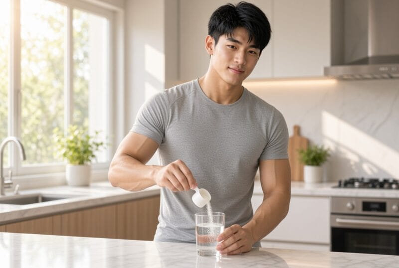 青年男性在廚房把一水肌酸倒進水裡